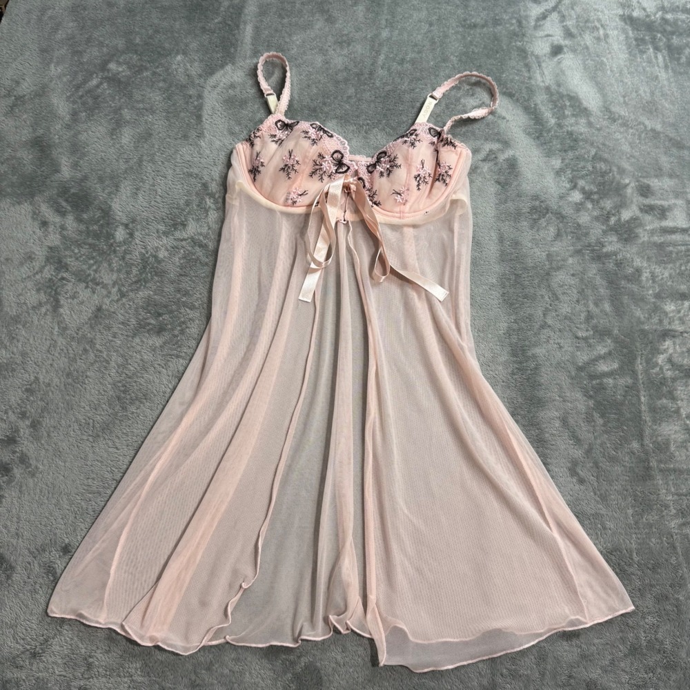 VTG 90s Rosy Pink Sheer Mesh Embroidered Floral Bow Babydoll Lingerie XS